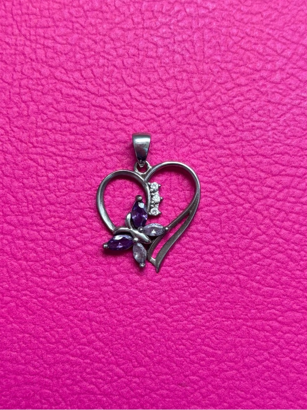.925 Sterling Silver Amethyst Butterfly Heart Pendant